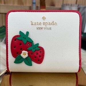 kate spade white & red strawberry appliqué compact wallet